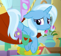Size: 631x579 | Tagged: safe, screencap, trixie, pony, unicorn, a horse shoe-in, g4, cropped, cute, diatrixes, female, floppy ears, hammock, looking back, mare, potted plant, sad, sadorable, solo