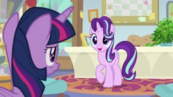 Size: 1920x1080 | Tagged: safe, screencap, phyllis, starlight glimmer, twilight sparkle, alicorn, pony, unicorn, a horse shoe-in, g4, cute, duo, duo female, female, glimmerbetes, looking at each other, mare, raised hoof, twilight sparkle (alicorn)