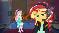 Size: 1280x720 | Tagged: safe, screencap, fluttershy, sunset shimmer, equestria girls, g4, game stream, my little pony equestria girls: better together, eyes closed, female, photo