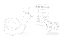 Size: 1480x894 | Tagged: safe, artist:auntiefrost, rarity, pony, snail, unicorn, g4, armor, charge, confused, female, filly, filly rarity, jousting, jousting lance, monochrome, speech bubble, younger
