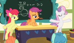 Size: 857x496 | Tagged: safe, screencap, apple bloom, scootaloo, sweetie belle, teal shores, earth pony, pegasus, pony, unicorn, g4, growing up is hard to do, bipedal, bipedal leaning, bow, chalkboard, cropped, cutie mark, cutie mark crusaders, desk, eyes closed, female, hair bow, leaning, mare, older, older apple bloom, older cmc, older scootaloo, older sweetie belle, ponyville schoolhouse, raised eyebrow, smiling, smirk, spread wings, the cmc's cutie marks, wings