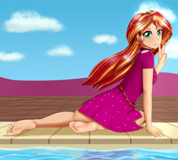 Size: 2000x1800 | Tagged: safe, artist:focusb, sunset shimmer, equestria girls, equestria girls specials, g4, my little pony equestria girls: better together, my little pony equestria girls: spring breakdown, barefoot, feet, female, looking at you, peace sign, solo