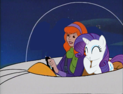 Size: 1053x810 | Tagged: safe, artist:guihercharly, rarity, g4, context is for the weak, crossover, daphne blake, driving, glass dome, hanna barbera, laughing, scooby-doo!, space, spaceship, the jetsons, wat