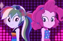 Size: 1045x689 | Tagged: safe, screencap, pinkie pie, rainbow dash, equestria girls, g4, i'm on a yacht, my little pony equestria girls: better together, bare shoulders, dancing, female, headband, neon eg logo, photo, sleeveless, smiling