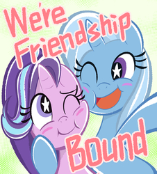 Size: 2126x2347 | Tagged: safe, artist:garammasara, starlight glimmer, trixie, pony, unicorn, g4, road to friendship, blush sticker, blushing, cheek squish, cute, diatrixes, duo, duo female, eye clipping through hair, eyebrows, female, glimmerbetes, high res, looking at each other, looking at someone, mare, one eye closed, open mouth, open smile, pixiv, side hug, smiling, smiling at each other, squishy cheeks, starry eyes, we're friendship bound, wingding eyes