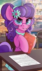 Size: 692x1154 | Tagged: safe, alternate version, artist:shadowreindeer, petunia petals, earth pony, pony, g4, my little pony: rainbow roadtrip, book, crime and punishment, female, flower, flower in hair, glasses, looking at you, mare, menu, restaurant, solo