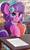 Size: 692x1154 | Tagged: safe, alternate version, artist:shadowreindeer, petunia petals, earth pony, pony, g4, rainbow roadtrip, book, crime and punishment, female, flower, flower in hair, glasses, looking at you, mare, menu, restaurant, solo