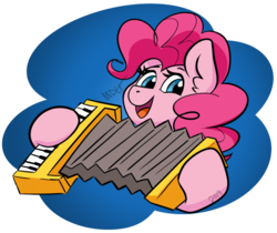 Size: 974x820 | Tagged: safe, artist:cadetredshirt, pinkie pie, earth pony, pony, g4, accordion, cel shading, cute, diapinkes, ear fluff, female, gradient background, looking at the camera, looking at you, mare, musical instrument, open mouth, playing instrument, simple background, smiling, solo