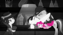 Size: 1299x730 | Tagged: safe, screencap, pinkie pie, rainbow dash, rarity, earth pony, pegasus, pony, unicorn, g4, sparkle's seven, bartender, detective rarity, grayscale, investigator dash, juice jackie, monochrome, partial color, unnamed character, unnamed pony