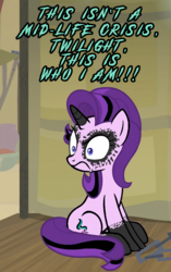 Size: 677x1080 | Tagged: safe, edit, edited screencap, screencap, starlight glimmer, pony, unicorn, g4, road to friendship, caption, cropped, death metal, edgelight glimmer, emo, female, frown, glare, goth, hair dye, image macro, it's a phase, it's not a phase, looking offscreen, makeup, mare, mid-life crisis, midlife crisis, scowl, sitting, solo, somnambula (location), text