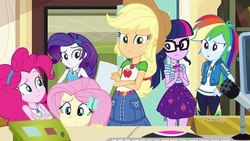 Size: 640x360 | Tagged: safe, screencap, applejack, fluttershy, pinkie pie, rainbow dash, rarity, sci-twi, twilight sparkle, equestria girls, g4, my little pony equestria girls: better together, schedule swap, applejack's hat, clothes, cowboy hat, crossed arms, denim skirt, discovery family logo, female, geode of shielding, geode of sugar bombs, geode of super speed, geode of super strength, geode of telekinesis, glasses, hand on hip, hat, humane five, humane six, magical geodes, nervous, photo, sci-twi skirt, skirt