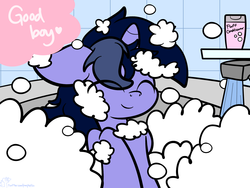 Size: 2048x1536 | Tagged: safe, artist:php142, oc, oc only, oc:purple flix, pony, unicorn, bath, bathroom, bubble, eyes closed, floppy ears, heart, indoors, male, soap bubble, solo, stallion, text, water
