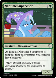 Size: 375x523 | Tagged: safe, edit, edited screencap, screencap, trixie, pony, a horse shoe-in, g4, apple, book, ccg, chair, chalkboard, clothes, desk, female, food, hat, magic, magic the gathering, mare, shrug, trading card, trading card edit, trixie's hat