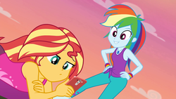 Size: 1920x1080 | Tagged: safe, screencap, rainbow dash, sunset shimmer, equestria girls, g4, my little pony equestria girls: choose your own ending, wake up!, wake up!: rainbow dash, cellphone, clothes, duo, duo female, female, geode of super speed, magical geodes, outdoors, pants, phone, sleeveless, smartphone, sunrise, tank top, yoga pants