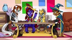 Size: 1192x670 | Tagged: safe, artist:mysticalpha, oc, oc only, oc:almanac, oc:cloud zapper, cat, earth pony, pegasus, pony, armor, dungeons and dragons, fantasy class, knight, male, pen and paper rpg, royal guard, rpg, stallion, table, warrior, wizzard