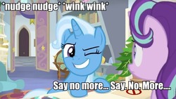 Size: 960x540 | Tagged: safe, edit, edited screencap, screencap, phyllis, starlight glimmer, trixie, a horse shoe-in, g4, caption, image macro, meme, monty python, monty python's flying circus, nudge nudge, one eye closed, school of friendship, text, wink