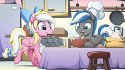 Size: 2048x1152 | Tagged: safe, artist:mysticalpha, oc, oc only, oc:bay breeze, oc:cloud zapper, pegasus, pony, apron, baking, baypper, bow, clothes, cute, duo, female, food, hair bow, hat, male, mare, mouth hold, muffin, stallion, tail bow