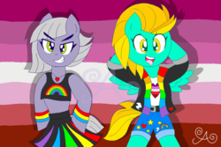 Size: 3000x2000 | Tagged: safe, artist:alannaartroid, lightning dust, limestone pie, earth pony, pegasus, pony, g4, arm behind head, belt, bipedal, clothes, coat, commission, denim shorts, female, gay pride, grin, heart, high res, jacket, jewelry, leather jacket, lesbian, lesbian pride flag, limedust, mare, midriff, necklace, open mouth, pride, pride flag, rainbow, raised hoof, shipping, shirt, shorts, skirt, smiling, spread wings, stars, t-shirt, tank top, tongue out, wings, wristband