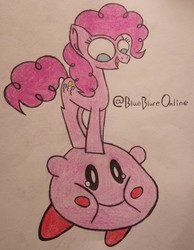 Size: 2575x3323 | Tagged: safe, artist:blueblureart, pinkie pie, earth pony, pegasus, pony, puffball, g4, crossover, high res, kirby, kirby (series), traditional art