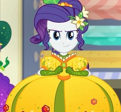 Size: 750x694 | Tagged: safe, screencap, rarity, equestria girls, equestria girls series, g4, holidays unwrapped, o come all ye squashful, spoiler:eqg series (season 2), clothes, cornucopia costumes, costume, cropped, dress, inflatable dress, puffy sleeves, solo focus