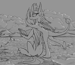 Size: 1746x1527 | Tagged: safe, artist:vladimir-olegovych, silverstream, smolder, classical hippogriff, dragon, hippogriff, g4, book, dragoness, female, grayscale, guess who, implied lesbian, monochrome, mountain, ocean, reading, scenery