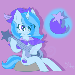 Size: 2000x2000 | Tagged: safe, artist:alannaartroid, trixie, pony, unicorn, g4, alternate hairstyle, alternate universe, bard, cape, clothes, eye clipping through hair, fantasy class, female, guitar, hair over one eye, hat, high res, mare, musical instrument, purple background, rock (music), simple background, solo