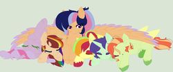 Size: 1024x432 | Tagged: safe, artist:theredbeauty, oc, oc only, oc:daring skies, oc:emerald spectacle, oc:golden spirit, oc:party popper, oc:petunia smith, oc:star sword, dracony, earth pony, hybrid, pegasus, pony, unicorn, base used, female, green background, interspecies offspring, mare, offspring, parent:applejack, parent:big macintosh, parent:flash sentry, parent:fluttershy, parent:pinkie pie, parent:pokey pierce, parent:quibble pants, parent:rainbow dash, parent:rarity, parent:spike, parent:twilight sparkle, parents:flashlight, parents:fluttermac, parents:pokeypie, parents:quibbledash, parents:sparity, simple background, spread wings, wing blanket, wings