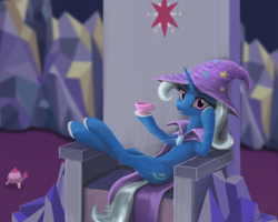 Size: 3000x2395 | Tagged: safe, artist:vladimir-olegovych, teacup poodle, trixie, pony, unicorn, all bottled up, g4, clothes, cup, female, grin, hat, high res, mare, smiling, solo, teacup, throne, trixie's hat