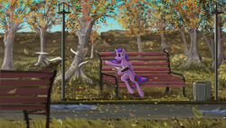 Size: 1778x1006 | Tagged: safe, artist:vladimir-olegovych, twilight sparkle, alicorn, pony, g4, bench, book, falling leaves, female, lamppost, leaves, paper, park, sitting, solo, streetlight, tree, twilight sparkle (alicorn), wind