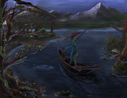 Size: 1840x1410 | Tagged: safe, artist:vladimir-olegovych, oc, oc only, pony, asian conical hat, boat, hat, mountain, night, river, scenery, solo, tree