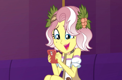 Size: 1455x956 | Tagged: safe, screencap, vignette valencia, equestria girls, g4, inclement leather, inclement leather: vignette valencia, my little pony equestria girls: choose your own ending, cellphone, choose vignette, cyoa, female, phone, smartphone, smiling, solo