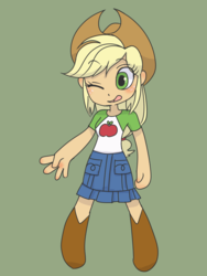 Size: 2448x3264 | Tagged: safe, artist:haibaratomoe, applejack, equestria girls, equestria girls series, g4, applejack's hat, boots, chibi, clothes, cowboy hat, cute, denim skirt, female, freckles, hat, high res, jackabetes, one eye closed, open mouth, shoes, skirt, solo, stetson, wink