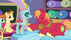Size: 1920x1080 | Tagged: safe, screencap, big macintosh, golden crust, ocellus, peppermint goldylinks, changedling, changeling, earth pony, pegasus, pony, unicorn, a horse shoe-in, g4, eyes closed, female, friendship student, male, mare, raised hoof, stallion, teenager