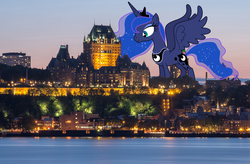 Size: 2941x1930 | Tagged: safe, artist:dashiesparkle, artist:theotterpony, princess luna, alicorn, pony, g4, city, collage, female, highrise ponies, macro, mare, quebec, solo, story in the source, story included