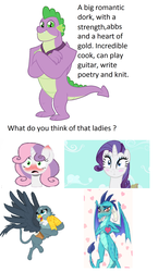 Size: 1280x2212 | Tagged: safe, artist:ta-na, gabby, princess ember, rarity, spike, sweetie belle, dragon, griffon, pony, unicorn, g4, the last problem, blushing, dragoness, female, gigachad spike, harem, male, older, older spike, romantic, ship:emberspike, ship:spabby, ship:sparity, ship:spikebelle, shipping, simple background, spike gets all the mares, straight, teasing, tsundember, tsundere, white background, winged spike, wings