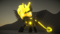 Size: 3840x2160 | Tagged: safe, artist:phoenixtm, oc, oc:phoenix stardash, cyborg, dracony, hybrid, 3d, dracony alicorn, ethereal mane, glowing, high res, minigun, night, spread wings, weapon, wings