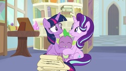 Size: 1920x1080 | Tagged: safe, screencap, spike, starlight glimmer, twilight sparkle, alicorn, dragon, pony, a horse shoe-in, g4, cute, group hug, hug, scroll, spikabetes, spikelove, twilight sparkle (alicorn), winged spike, wings