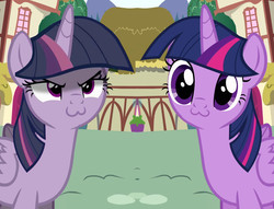 Size: 1704x1304 | Tagged: safe, edit, edited screencap, screencap, mean twilight sparkle, twilight sparkle, alicorn, pony, g4, pinkie pride, the mean 6, :3, >:3, cute, duality, female, i can be your angle or yuor devil, mare, mean twiabetes, self ponidox, twiabetes, twilight cat, twilight sparkle (alicorn)
