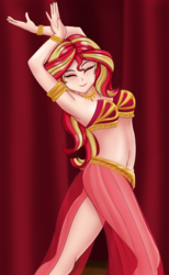 Size: 817x1328 | Tagged: safe, artist:anonix123, sunset shimmer, human, g4, adorasexy, armlet, armpits, belly, belly button, belly dancer, belly dancer outfit, bracelet, breasts, busty sunset shimmer, cleavage, closed mouth, cute, eyelashes, eyes closed, eyeshadow, female, harem outfit, hips, humanized, jewelry, legs, loincloth, long hair, makeup, midriff, necklace, pose, red background, sexy, simple background, sleeveless, smiling, solo, strapless, stupid sexy sunset shimmer