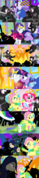 Size: 1920x8640 | Tagged: safe, alternate version, artist:christhes, angel bunny, fluttershy, pinkie pie, rarity, twilight sparkle, earth pony, pegasus, pony, rabbit, unicorn, comic:friendship is dragons, g4, animal, cloak, clothes, collaboration, comic, crossover, dress, explosion, eyes closed, female, fight, fire, gala dress, garrett, grin, hat, jewelry, katana, lip bite, looking up, male, mare, ninja, ponified, raised hoof, scared, show accurate, smiling, stallion, sword, thief (video game), tiara, unicorn twilight, vine, weapon, wide eyes