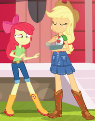 Size: 1081x1369 | Tagged: safe, screencap, apple bloom, applejack, equestria girls, equestria girls specials, g4, my little pony equestria girls: better together, my little pony equestria girls: holidays unwrapped, apple bloom's bow, applejack's hat, belt, boots, bow, clothes, cowboy boots, cowboy hat, cropped, denim skirt, faic, female, freckles, hair bow, hat, jeans, looking at something, net, pants, shoes, skirt, smiling, stetson