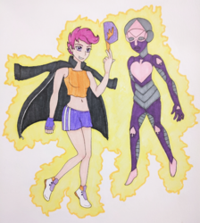 Size: 559x625 | Tagged: safe, artist:metalamethyst, scootaloo, oc, human, g4, aura, baseball cap, belly button, cap, clothes, crossover, fingerless gloves, gloves, hat, humanized, jacket, jojo's bizarre adventure, leather jacket, midriff, older, older scootaloo, shoes, shorts, simple background, sneakers, stand, tank top, traditional art, white background