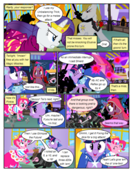 Size: 612x792 | Tagged: safe, artist:christhes, pinkie pie, prince blueblood, rarity, twilight sparkle, bird, earth pony, pony, unicorn, comic:friendship is dragons, g4, angry, baldur's gate, blast, cloak, clothes, collaboration, comic, dialogue, dress, evil grin, eyes closed, female, fight, flower, flower pot, frown, gala dress, glowing horn, grin, hat, horn, imoen, jewelry, looking back, magic, magic blast, male, mare, ninja, ponified, rose, show accurate, smiling, stallion, tiara, unicorn twilight