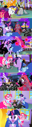 Size: 1234x4859 | Tagged: safe, alternate version, artist:christhes, pinkie pie, prince blueblood, rarity, twilight sparkle, bird, earth pony, pony, unicorn, comic:friendship is dragons, g4, angry, baldur's gate, blast, cloak, clothes, collaboration, comic, dress, evil smile, eyes closed, female, fight, flower, flower pot, frown, gala dress, glowing horn, grin, hat, horn, imoen, jewelry, looking back, magic, magic blast, male, mare, ninja, ponified, rose, show accurate, smiling, stallion, tiara, unicorn twilight