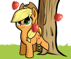 Size: 1186x983 | Tagged: source needed, safe, artist:neuro, applejack, earth pony, pony, g4, apple, applebucking, applejack mid tree-buck facing the left with 3 apples falling down, applejack mid tree-buck with 3 apples falling down, chibi, cowboy hat, cute, falling, female, food, hat, jackabetes, mare, simple background, solo, transparent background
