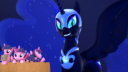 Size: 3840x2160 | Tagged: safe, artist:flushthebatsanta, edit, nightmare moon, twilight sparkle, alicorn, pony, unicorn, g4, 3d, :p, armor, book, box, cute, female, helmet, high res, looking at you, mare, mlem, mouth hold, multeity, pony in a box, silly, silly pony, simple background, size difference, smiling, solo, source filmmaker, sparkle sparkle sparkle, spread wings, tiny, tiny ponies, tongue out, twiabetes, twilight sparkle (alicorn), wings