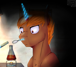 Size: 2800x2480 | Tagged: safe, artist:uteuk, oc, oc only, pony, unicorn, fire, high res, laboratory, lamp, solo, spoon