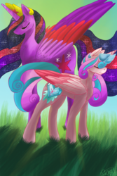 Size: 1000x1500 | Tagged: safe, artist:colourblossom, princess flurry heart, twilight sparkle, alicorn, pony, g4, the last problem, aunt and niece, colored wings, duo, eyes closed, multicolored wings, older, older flurry heart, older twilight, older twilight sparkle (alicorn), princess twilight 2.0, signature, twilight sparkle (alicorn), wings