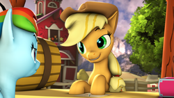 Size: 3840x2160 | Tagged: safe, artist:apexpredator923, applejack, rainbow dash, pony, g4, 3d, barrel, high res, paper