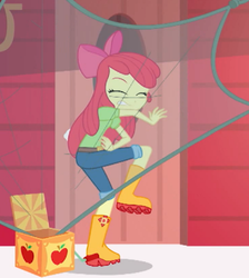 Size: 915x1023 | Tagged: safe, screencap, apple bloom, equestria girls, equestria girls specials, g4, my little pony equestria girls: better together, my little pony equestria girls: holidays unwrapped, the cider louse fools, apple bloom's bow, boots, bow, box, clothes, covering, cropped, female, hair bow, jack-in-the-box, jeans, net, pants, shoes, solo